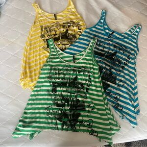 90’s Graphic Striped Tank Tops - Yellow, Green, and Blue Sz S-M Shark Bite